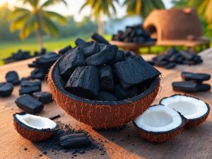 Coconut and palm shell carbonised